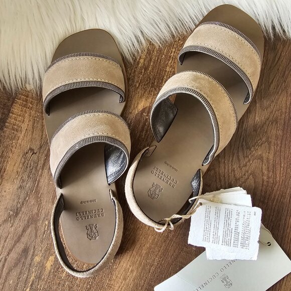 NWT!! Brunello Cucinelli Monili/Beaded Suede Sling Back Flat Sandals 7.5 - Picture 4 of 16